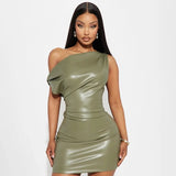 Talenza Off Shoulder PU Leather Dress Women Sexy Solid Tight Pleated Short Dress Party Club Sleeveless Leather Dress Vestidos