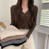 Poshoot Knitted V Neck Sweater Women 2024 Basic Single Breasted Slim Cardigan Woman Solid Color Long Sleeve Cardigan Coat Female