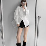 Poshoot 2024 Fashion White Slim Fit Shirt Women Turn Down Collar Elegant Long Sleeve Blouses Woman Pleated Button Up Shirts Top