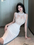 Poshoot Temptation Gentle Fashion Sexy Spicy Girl White Lace Tank Top Dress High Grade Wrapped Hip Sleeveless Mid Length Dress 9W5E