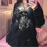 Poshoot Fairy Grunge Skull Print Long Sleeve Hooded Tops y2k Aesthetic Hoodie Oversize Clothes Streetwear Gothic Sweatshirt Women