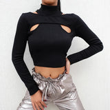 Poshoot Streetwear Fake Two-Piece Knitted Crop Tops Women Spring Summer Hollow Long Sleeve T-Shirt Woman Solid Slim Fit Cropped Shirt