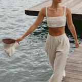 Poshoot Wide Leg Pants Sets For Women 2023 Sleeveless Backless Crop Tops Ladies Loose Casual Trouser Suirt Womens Outfits Summer