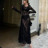 Poshoot Sexy See-through Lace Floral Maxi Dress Women's Black Long Sleeve O Neck Loose Resort Dress High Waist Party Dress Robe