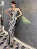 Poshoot Sexy Style Light Luxury Spicy Girl Liquid Bright Female Korean Indie Style Silver Dress Elegant Party Fashion TemperamentBMI6