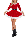 Poshoot Women Red Christmas Dress Santa Cosplay Costume Plush Trim Velvet Round Neck 3/4 Sleeve A-line Belt Dresses with Hat Outfit 2024