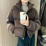 Poshoot 2024 Women's Winter Warm Thick Parkas Chic Brown Long Sleeve Stand Collar Down Cotton Jacket Female Padded Coat Short Outerwear