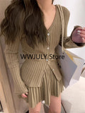 Poshoot 2023 Autumn Grey Knitted Suit for Women Korean Slim Short Cardigan Top High Waist Fashion Skirt Suit Outfit 2 Piece Set Chic