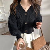 Poshoot V Neck Cropped Cardigan Women Long Sleeve Twist Knitted Sweater Coats Woman Korean Fashion Solid Color Button Up Cardigan