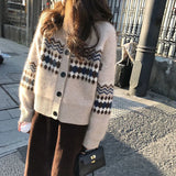 Poshoot 2023 Korean Cardigan Women Autumn Winter Long Sleeve Knitted Cardigans Woman Chic Button Up Printed Sweater Coat Female