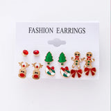 Poshoot 6 Pairs/Lot Christmas Earrings for Women Trendy Xmas Tree Santa Claus Elk Bow Ribbon Earring Set Party Holiday New Year Jewelry