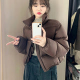 Poshoot 2024 Women's Winter Warm Thick Parkas Chic Brown Long Sleeve Stand Collar Down Cotton Jacket Female Padded Coat Short Outerwear