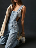 Poshoot Women Vintage Retro Denim Long Jumpsuit Casual Spaghetti Strap Straight Romper Pants Summer Baggy Bib Overalls