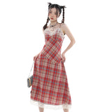 Poshoot-Women's Wear Strap Dress Lace Plaid Chic Slim Skirt Sexy Backless Summer French Vintage Sleeveless Suspender Mid-length Skirt