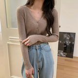 Poshoot Knitted V Neck Sweater Women 2024 Basic Single Breasted Slim Cardigan Woman Solid Color Long Sleeve Cardigan Coat Female