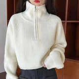 Poshoot Chic Zipper Up Turtleneck Sweater Women Autumn Winter Knitted Cropped Sweater Woman 2024 Solid Color Korean Jumper Female