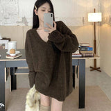 Poshoot Autumn Winter V Neck Loose Sweaters for Women 2024 New Oversized Knitted Pullover Woman Harajuku Solid Color Long Sleeve Jumper