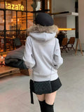 Poshoot Autumn Vintage Faux Fur Collar Cropped Hoodies Women Streetwear Y2k Zip Up Hooded Sweatshirts Grunge Harajuku Long Sleeve Tops