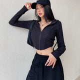 Poshoot Casual Solid Color Hooded Cardigan Women Long Sleeves Y2K Slim Fit Crop Tops Woman 2023 New Zipper Up Streetwear Tees Top