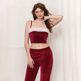 Poshoot Women Christmas Costume Santa Cosplay Costume Plush Trim Patchwork Strapless Tube Tops Elastic Waist Long Pants Party Costume