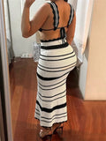 Poshoot Women 2 Pieces Knitted Skirts Outfits Striped Print Cropped Tank Tops with High Waist Slim Long Skirts Set Beach 2024