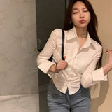 Poshoot 2024 Sexy Slim Fit White Shirt Women Korean Fashion Turn Down Collar Folds Crop Tops Woman Long Sleeve Y2K Blouse Female