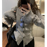 Poshoot 2024 Y2k Grey Vintage Women Kint Sweater Harajuku Long Sleeve Cardigan Irregular Korean Fashion Slim Autumn Jerseys Casual