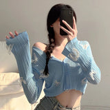 Poshoot 3D Butterfly Knitted Cardigan Women 2025 Summer Sexy Lace Long Sleeeve Crop Tops Woman Chic Short Thin Sunscreen Shirts Female