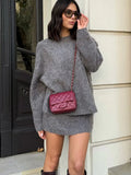 Poshoot Women Grey Mohair Knitted Sweater Mini Skirt Sets O Neck Knitted Pullover 2 Pieces 2024 Autumn Office Lady Commuting Streetwear