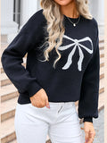 Poshoot Women Bow Sweater Long Sleeve Bow Front Knitted Ribbed Pullover Oversized Jumper Ribbed Loose Knitwear Autumn Y2k Clothings