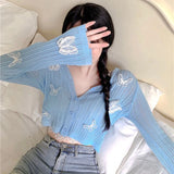 Poshoot 3D Butterfly Knitted Cardigan Women 2025 Summer Sexy Lace Long Sleeeve Crop Tops Woman Chic Short Thin Sunscreen Shirts Female