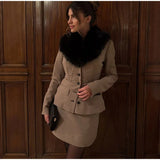 Poshoot Fur Collar Coat And Mini Skirt Set