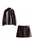 Poshoot New Ins Burgundy Pu Leather Long Sleeve Jacket Button Hip Skirt Suits Women 2024 New Solid Outfits Female  Vintage 2 Piece Set