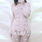 Poshoot Cottage Fairy 00s Vintage Knitted Dress Japanese Off Shoulder Pullovers Mini Dress Fairy Y2K Kawaii Tie Up Retro Sweater Dress