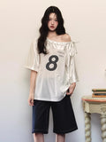 Poshoot Y2k Streetwear Off Shoulder T Shirts Women Coquette Aesthetic Short Sleeve Tees Female Casual Kpop Grunge Oversized Top