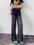 Poshoot Black Lace Pants Women Summer 2024 Sexy See-Through White High Waist Casual Straight Trousers Hollow Out Female Pants