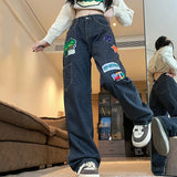 Poshoot 2025 New Cartoon Stickers Straight Jeans Women Harajuku Loose Wide Leg Trousers Woman Streetwear High Waist Denim Pants Female