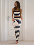 Poshoot Knitted Sexy Off Shoulder Striped Women Skirt Suit Blue Sleeveless Crop Top High Slit Skirt Female Summer Two Piece Sets