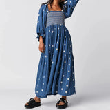 Poshoot Bohemian Floral Dress Women Square Neck Ruffle Swing A Line Maxi Dress Long Sleeve Beach Style Holiday Lady Club Party Dress