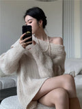 Poshoot Long Sleeve Loose Knitted Tops Women Korea Fashion Elegant Sweater Office Lady Autumn Pure Color Pullover Chic Y2k Clothes