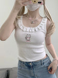 Poshoot Kawaii Cat Embroidery Tank Tops Women Coquette Aesthetic Cute Crop Tops Harajuku Y2k Sweet Girl White Halter Top Summer