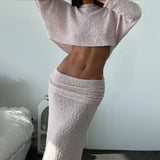 Poshoot Knitted Skirt Set Women's Summer Off-Shoulder Long Sleeve Cropped Top Slim See-through Pleated Skirt Female Skirt Set