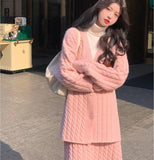 Poshoot Korean Sweater Set 2023 Women's Autumn Winter Lazy Knit Top with Medium Length Cardigan Jacket Skirt Set Oversized Sweater Set