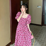 Poshoot Pink Print Square Collar Dress Women Elegant Puff Sleeve Flower Long Dresses Woman Summer Slim Waist Chiffon Dress Ladies