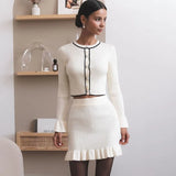 Poshoot Knitted Skirt Set Women's Elegant O-Neck Long Sleeve Cardigan Top Slim Retro Short A-Line Skirt Knitted Ruffle Skirt Set