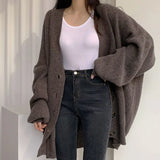 Poshoot Oversized Knit Cardigan for Women 2024 Korean Fashion Long Sleeve Sweater Woman Chic Single Breasted Loose Cardigan Coat