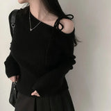 Poshoot New Sweater Women Clothing Irregular Skew Collar Long Sleeve Chic Pull Femme Korean Bandage Jumper Casual Knitted Pullovers