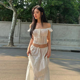 Poshoot Y2K Off The Shoulder Ruched Crop Top Long Skirt Women'S Sets Summer Casual Elegant Ladies 2024 Korean Popular Clothes