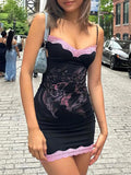 Poshoot-Sexy Lace Black Mini Dress Women Summer Sleeveless Print Bodycon Streetwear Y2K Fashion Party Clubwear Spaghetti Strap Dresses