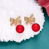 Poshoot New Style Temperament Red Color Christmas Bow Stud Earrings for Women Rhinestone Bowknot Red Ball Earring Girls Party Jewelry